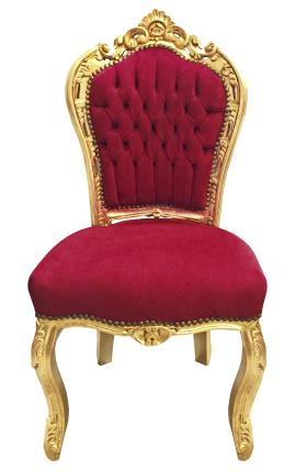 Cadeira estilo barroco rococó Veludo vermelho Bordeaux e madeira dourada