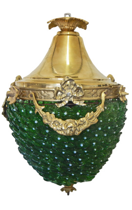 Lampadario con gocce in vetro verde con bronzi