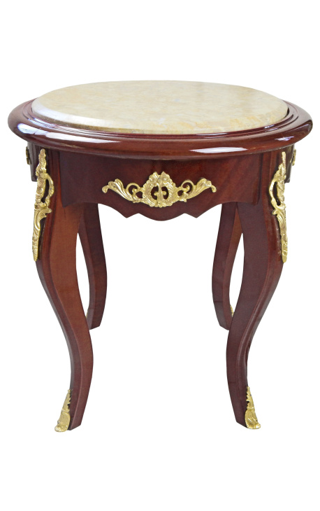 Mooie ronde bloementafel Louis XV-stijl mahonie en beige marmer