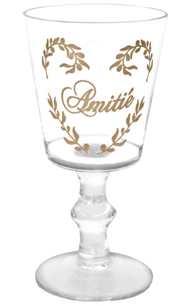 Transparent glass decorations floral silkscreened inscription "Amitié" 