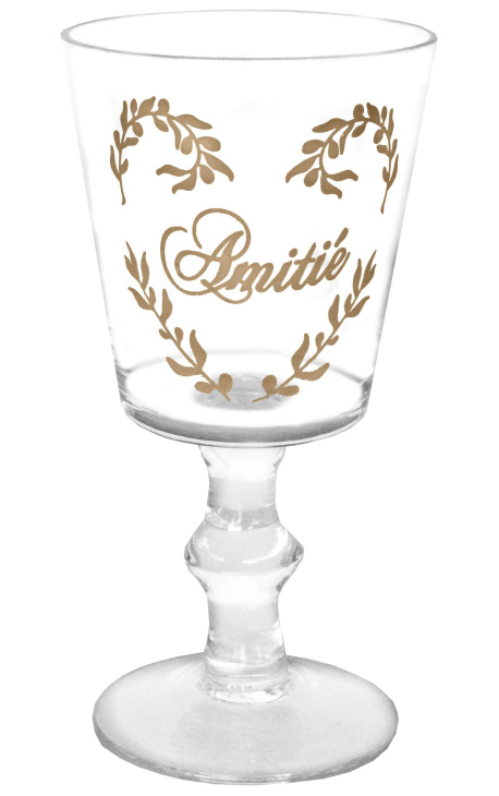 Verre transparent décors floral sérigraphié inscription "Amitié"