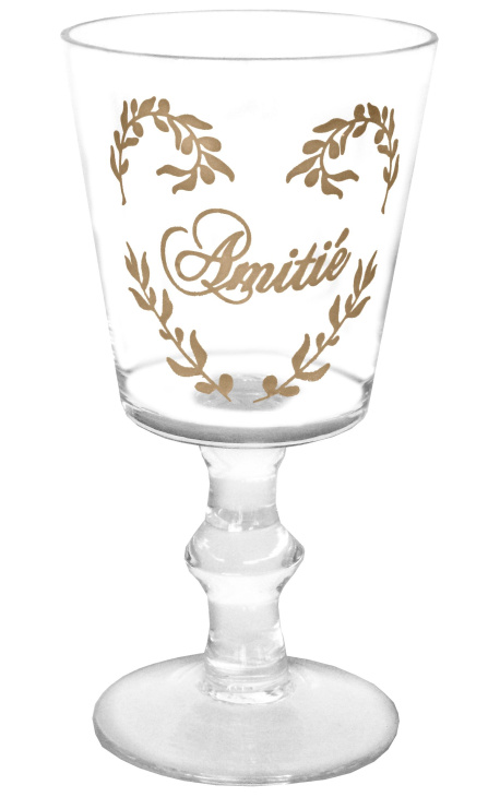 Transparent glas dekorationer blommig silkscreened inskription "Amitié"