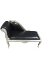 Louis XV chaise longue black leatherette and silver wood