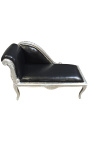 Louis XV Chaise Longue Black Leatherette and Silver Wood