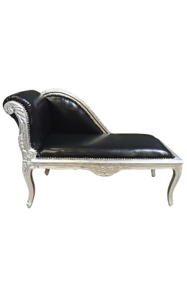 Méridienne de style Louis XV simili cuir noir et bois argent