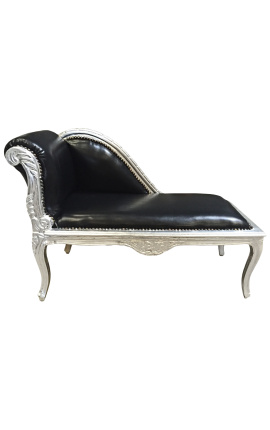 Louis XV chaise longue zwart kunstleer en zilverkleurig hout