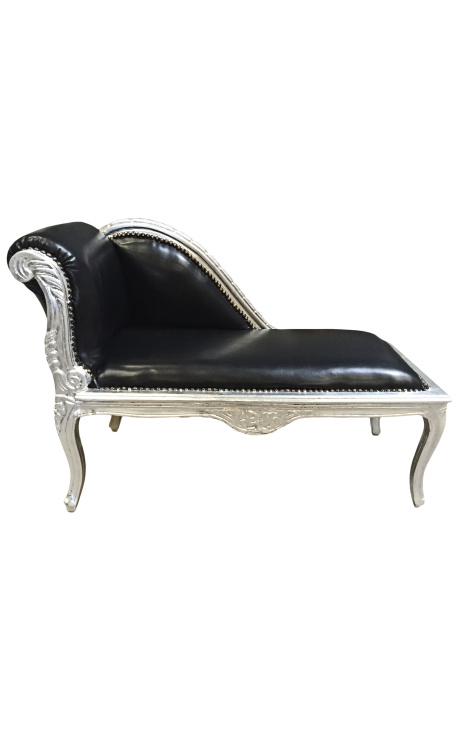 Louis XV chaise longue svart skinn og sølv tre - 1
