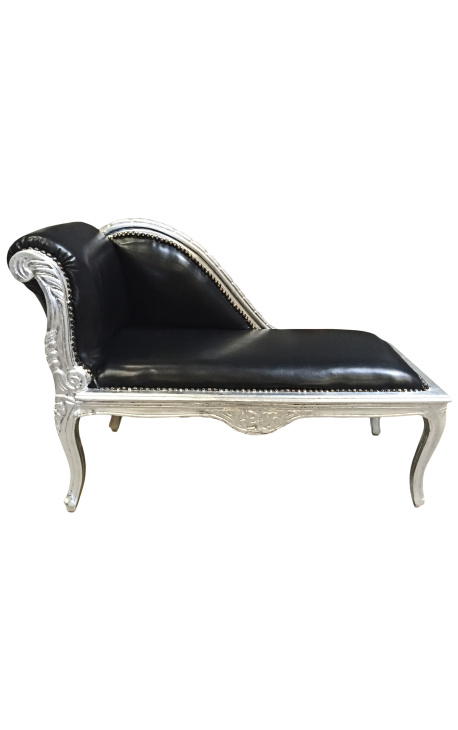 Louis XV chaise longue zwart kunstleer en zilverkleurig hout
