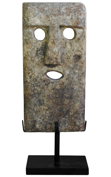 Grande sculpture de masque en pierre sur socle