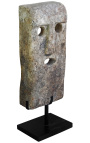 Grande sculpture de masque en pierre sur socle