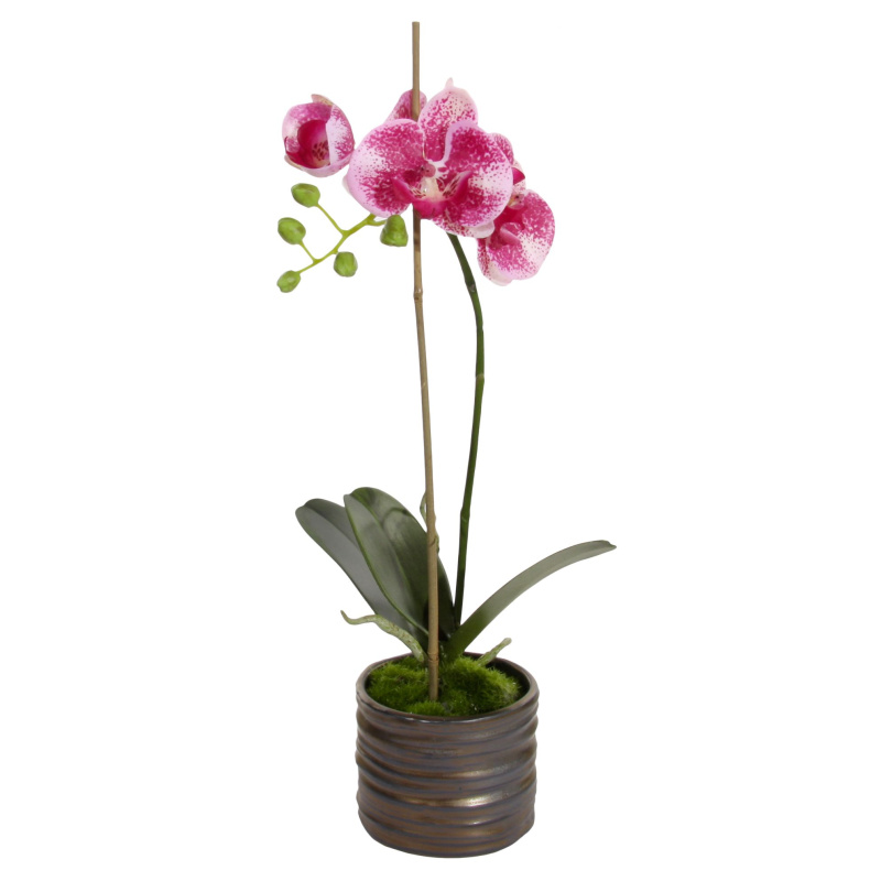 Orchidée Phalaenopsis mauve en tissu dans son pot gris