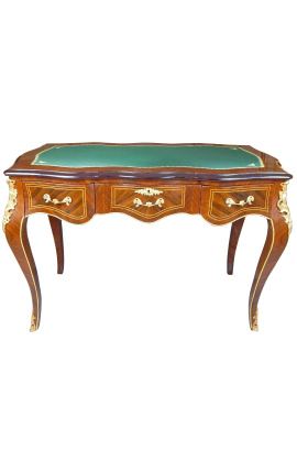 Louis XV style desk with 3 drawers with marquetry green writing pad