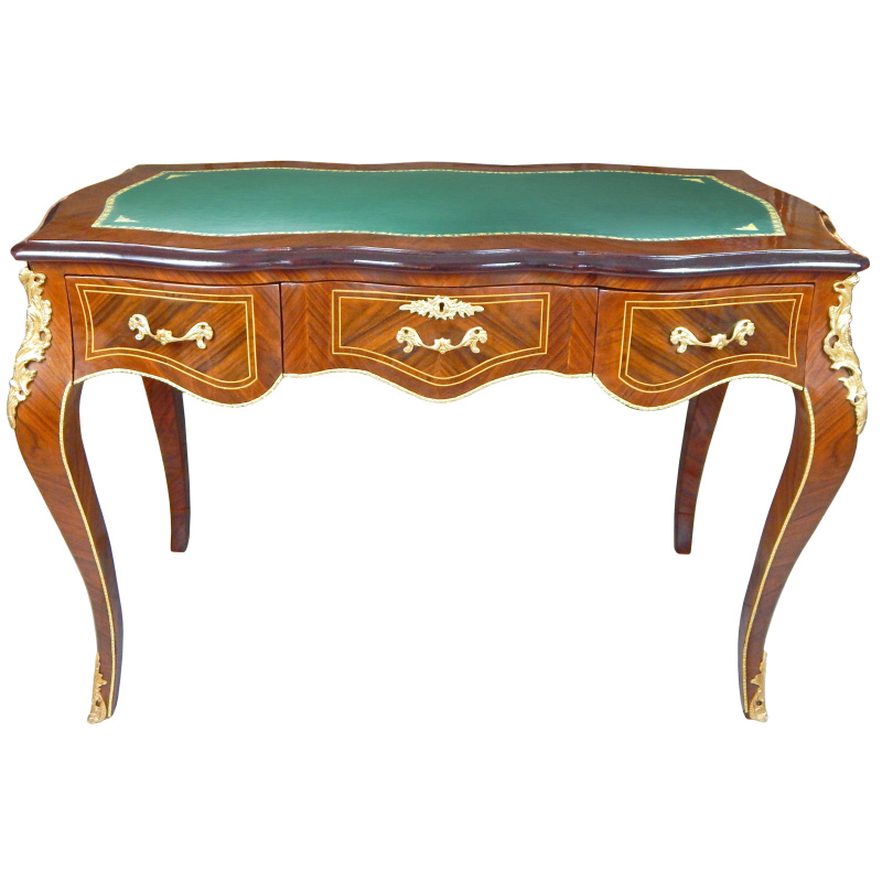 Bureau de style Louis XV à 3 tiroirs avec marqueterie sous main vert