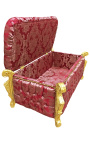 Grande banquette coffre baroque de style Louis XV tissu "Gobelins" satiné rouge et bois doré