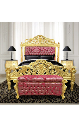 Grande banquette coffre baroque de style Louis XV tissu &quot;Gobelins&quot; satiné rouge et bois doré