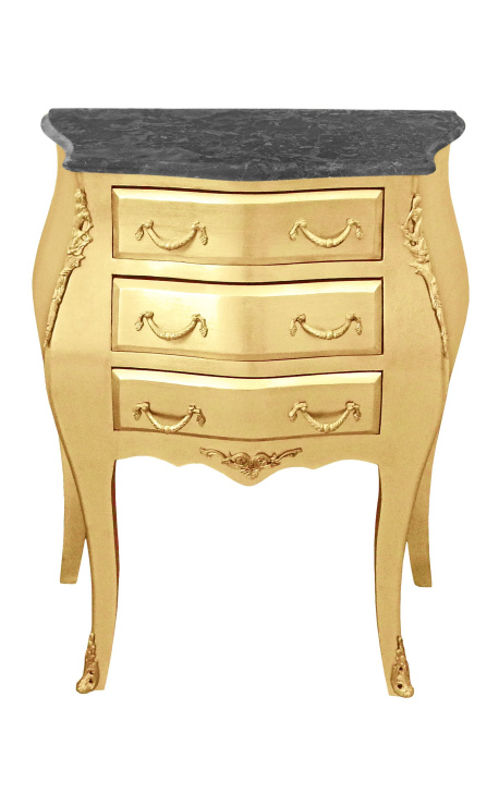 Mesa de cabeceira barroca em madeira dourada com tampo em mármore preto