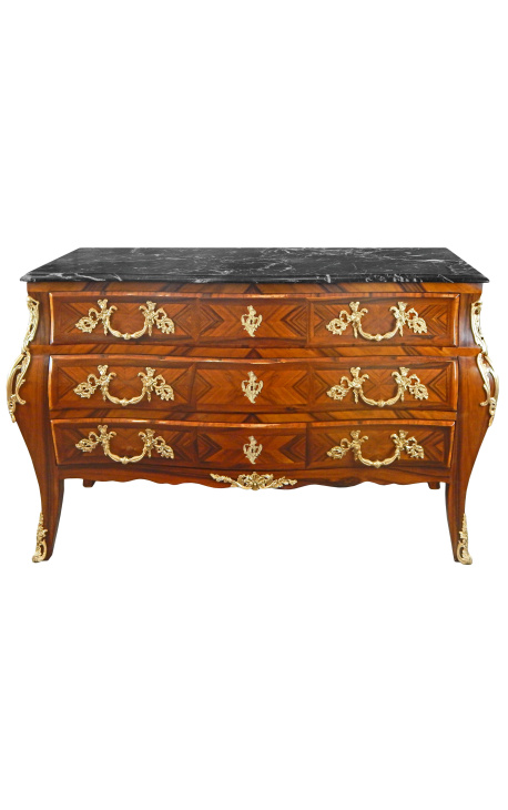 Commode de style Louis XV marquetée 3 tiroirs, avec plateau marbre noir