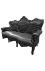 Canapé baroque tissu simili cuir noir et bois noir
