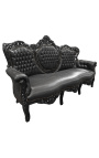 Sofá barroco tecido de couro sintético preto e madeira preta