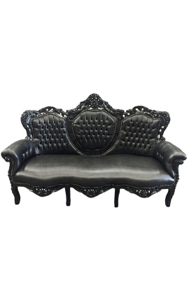 Sofá barroco tecido de couro sintético preto e madeira preta