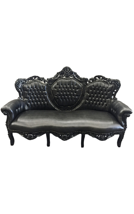 Baroque sofa fabric black faux leather and black wood