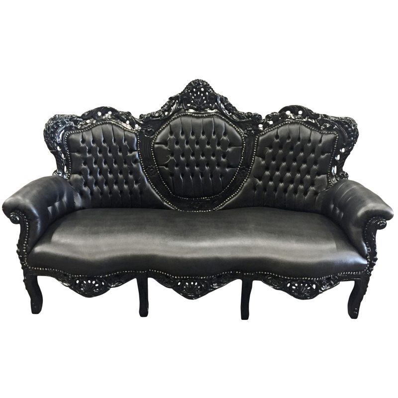 Baroque Sofa Fabric Black Faux Leather And Glossy Lacquered Wood Baroque Sofa Fabric Black Faux Leather