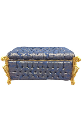 Grande banquette coffre baroque de style Louis XV tissu "Gobelins" satiné bleu et bois doré