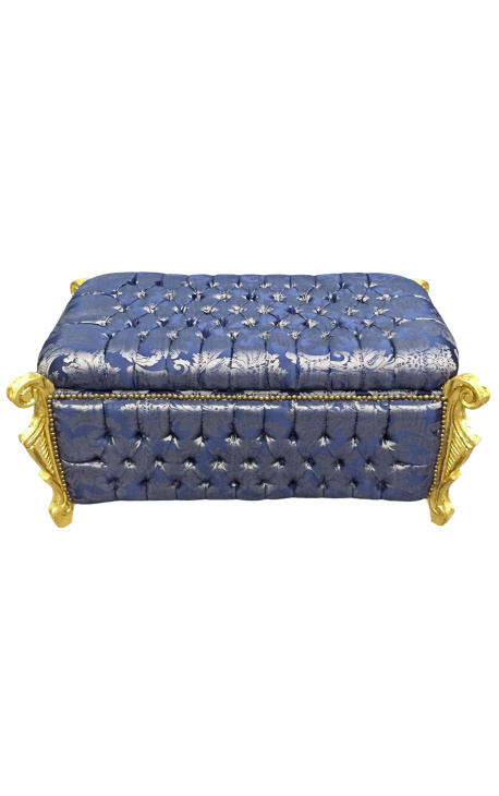 Baroque trunk bench Louis XV blue satin "Gobelins" fabric and gold wood - 1