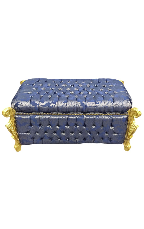 Μεγάλο μπαρόκ μπαούλο πάγκου σε στυλ Louis XV μπλε ύφασμα "Gobelins" και χρυσό ξύλο