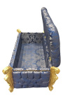 Grande banco de peito barroco em tecido de cetim azul "Gobelins" estilo Luís XV e madeira dourada