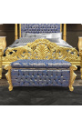 Grande cassapanca barocca in tessuto di raso blu "Gobelins" in stile Luigi XV e legno dorato