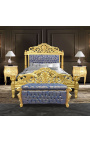 Grande banquette coffre baroque de style Louis XV tissu "Gobelins" satiné bleu et bois doré