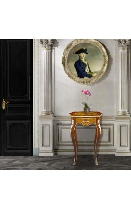 Tavolo quadrato in stile Luigi XV in legno intarsiato, bronzi e decori musicali dipinti.