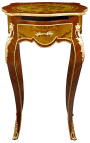 Table carrée de style Louis XV en bois marqueté, bronzes et décors musical peint.