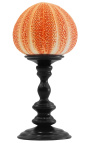 Grand oursin rond orange sur balustre en bois