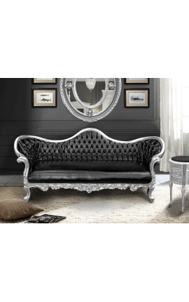 Baroka Napoleon III dīvāns melna mākslīgā āda un koka sudrabs