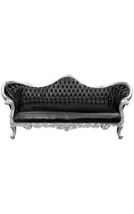 Barock Napoleon III Sofa aus schwarzem Kunstleder und silbernem Holz