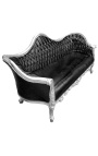 Barockes Sofa Napoleon III, schwarzes Kunstleder und Holz, silberfarben