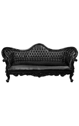 Barockes Sofa Napoleon III. Schwarzes Kunstleder und glänzendes schwarzes Holz