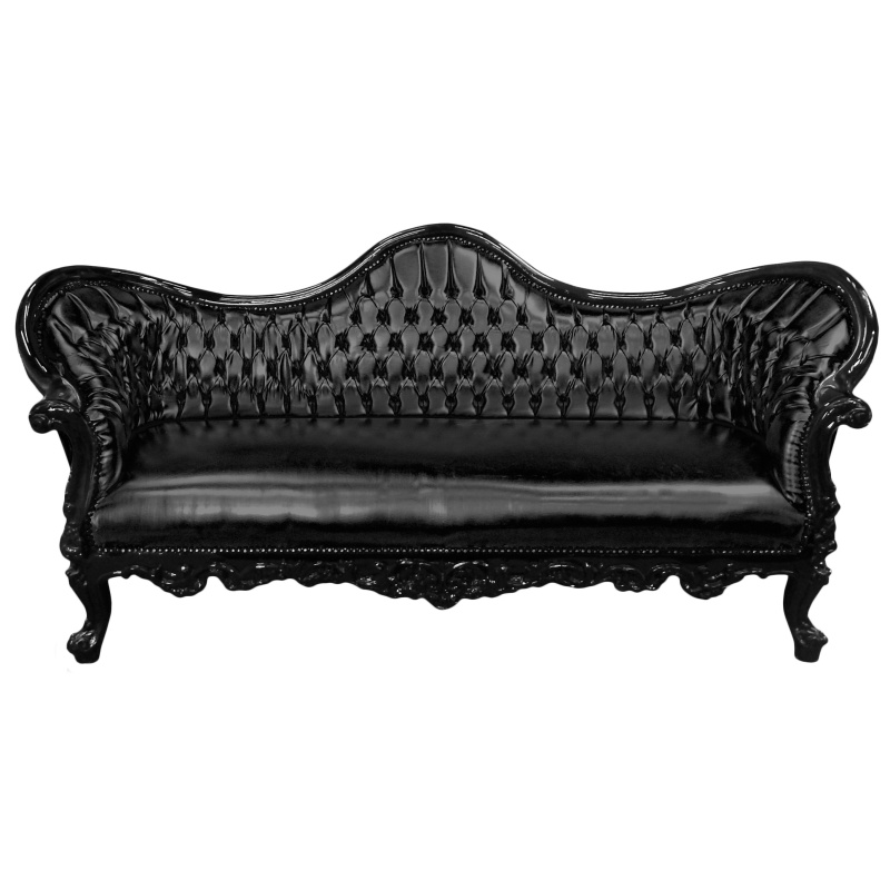 Napoleone barocco III divano nero di pelle finta e legno nero lucido