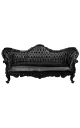 Canapé baroque Napoléon III tissu simili cuir noir et bois laqué noir