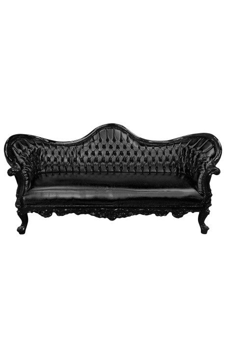 Barroco Napoléon III sofá piel negra y madera de brillo negro