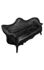 Canapé baroque Napoléon III tissu simili cuir noir et bois laqué noir