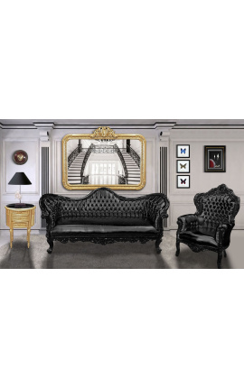 Barock Napoléon III Sofa schwarz Leder und glänzendes schwarzes Holz