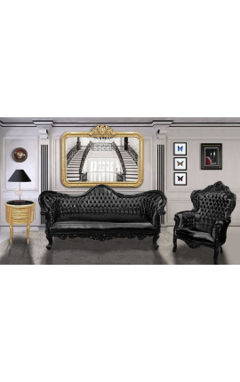 Barokk Napoléon III sofa svart leatherette og glossy svart tre