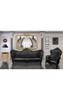 Baroque Napoléon III sofa black leatherette and glossy black wood