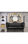 Baroks Napoléon III divanas ar melnu ādu un gleznošu melnu kokvilnu