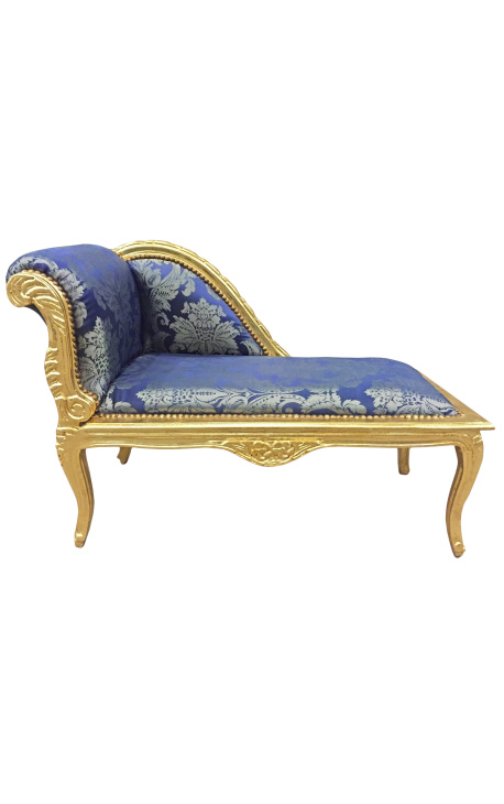 Baroque chaise longue louis xv style blue satin fabric "Gobelins" gold wood