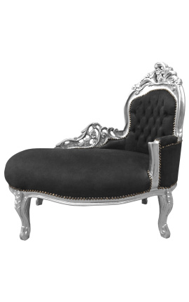 Barok chaise longue zwart fluweel met zilverhout