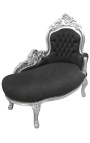 Baroque chaise longue black velvet with silver wood